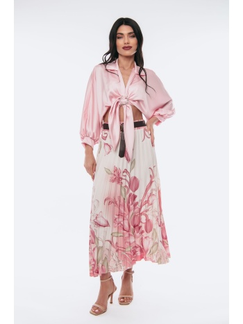 φουστα μακρια με πιετες και ζωνη ροζ σε προσφορά