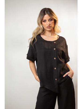 μπλουζα με ρεβερ στο μανικι και διακοσμητικα κουμπια μαύρο