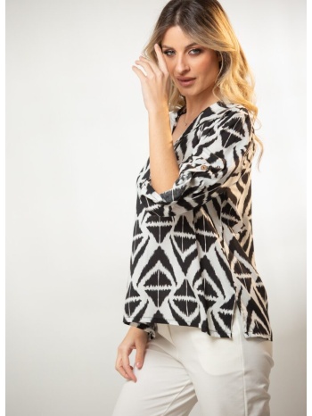 μπλουζα ve εμπριμε με γιακα και γυριστα μανικια άσπρο