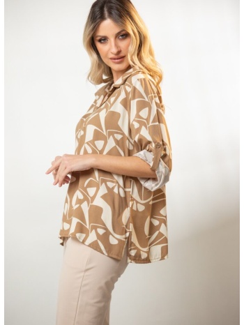 μπλουζα ve εμπριμε με γιακα και γυριστα μανικια καφέ