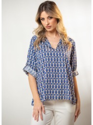 μπλουζα ve εμπριμε με γιακα και γυριστα μανικια μπλε