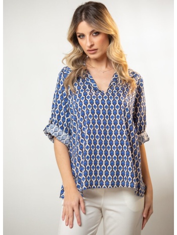 μπλουζα ve εμπριμε με γιακα και γυριστα μανικια μπλε