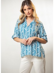 μπλουζα ve εμπριμε με γιακα και γυριστα μανικια σιέλ