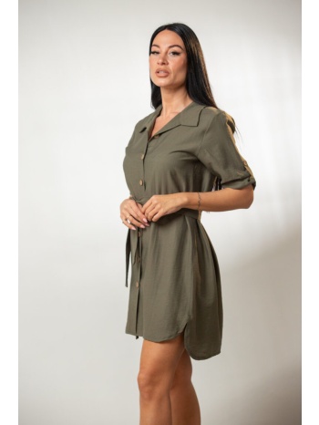 φορεμα κοντο μεσατο με γυριστο μανικι και ζωνη χακί σε προσφορά