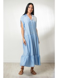 φορεμα μακρυ με βολαν και ζωνη χακί