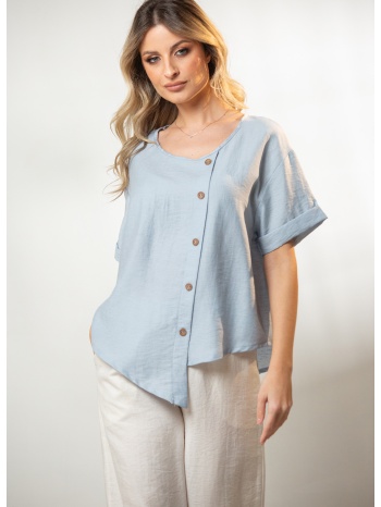 μπλουζα με ρεβερ στο μανικι και διακοσμητικα κουμπια σιέλ