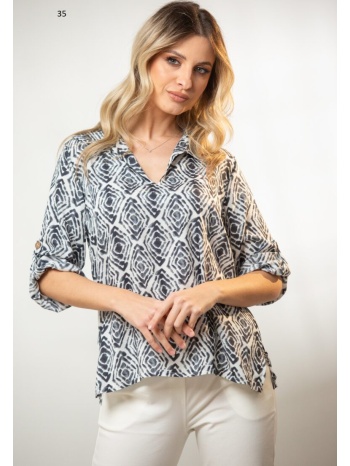 μπλουζα ve εμπριμε με γιακα και γυριστα μανικια γκρι