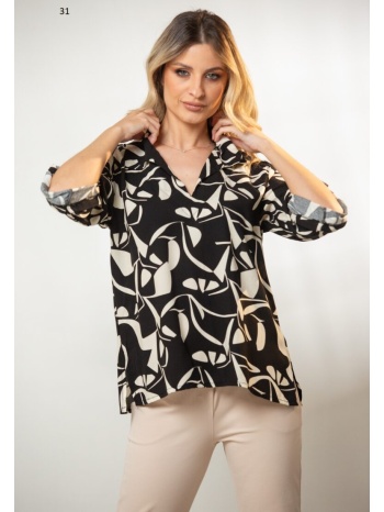 μπλουζα ve εμπριμε με γιακα και γυριστα μανικια μαύρο