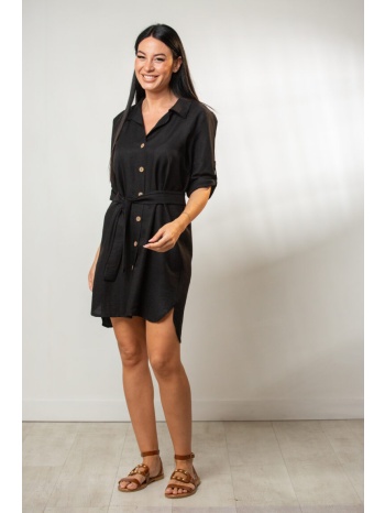 φορεμα κοντο μεσατο με γυριστο μανικι και ζωνη μαύρο σε προσφορά