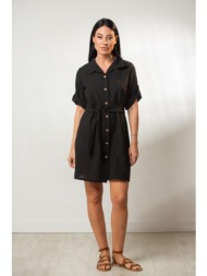 φορεμα λινο κοντο μεσατο με γυριστο μανικι και ζωνη μαύρο