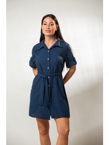 φορεμα λινο κοντο μεσατο με γυριστο μανικι και ζωνη μπλε σε προσφορά