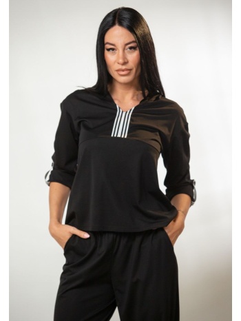 μπλουζα με γυριστα μανικια και κουκουλα με τρεσα μπλε