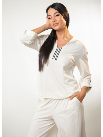 μπλουζα με γυριστα μανικια και κουκουλα με τρεσα άσπρο