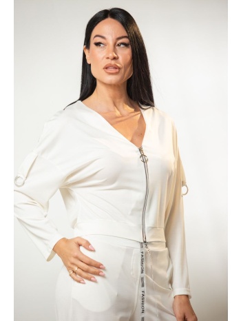 ζακετα με φερμουαρ και κρικους στα μανικια άσπρο σε προσφορά