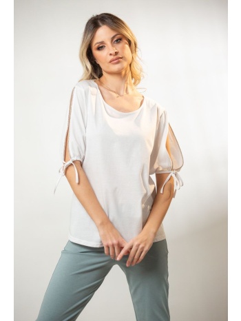 μπλουζα με τρεσα στρας και δεσιμο στο μανικι άσπρο