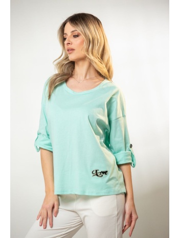 μπλουζα με γυριστο μανικι και στρας μέντα