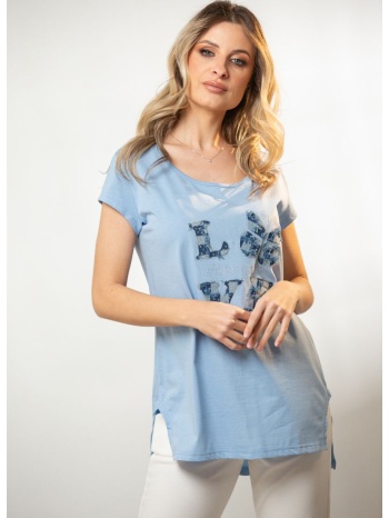 μπλουζα με τυπωμα και στρας μπλε