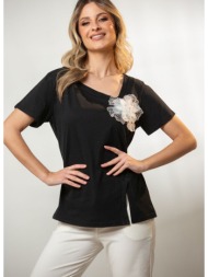 μπλουζα με ανοιγμα μπροστα και λουλουδι μαύρο