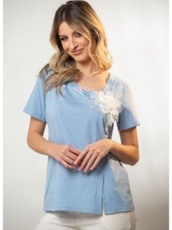 μπλουζα με ανοιγμα μπροστα και λουλουδι μπλε