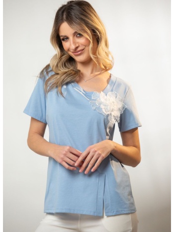 μπλουζα με ανοιγμα μπροστα και λουλουδι μπλε