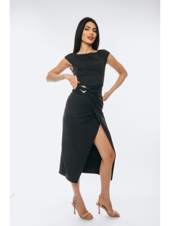 φορεμα midi σατεν με χρυση καρφιτσα μαύρο σε προσφορά