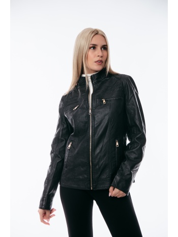 μπουφαν δερματινη biker plus size ασημενια φερμουαρ μαύρο σε προσφορά