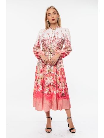 φορεμα μακρυ εμπριμε με ζωνη και κουμπια με στρας ροζ σε προσφορά