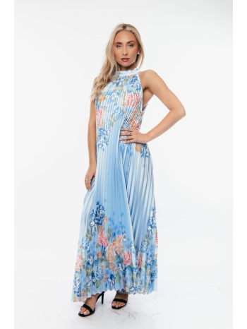 φορεμα αμανικο floral με πιετες σιέλ σε προσφορά