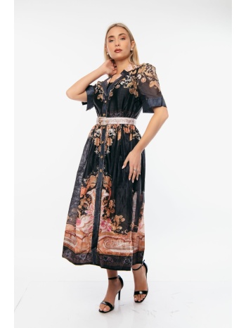 φορεμα μακρυ εμπριμε με ζωνη μαύρο σε προσφορά