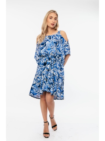 φορεμα εμπριμε με εξω ωμους και ζωνη μπλε σε προσφορά