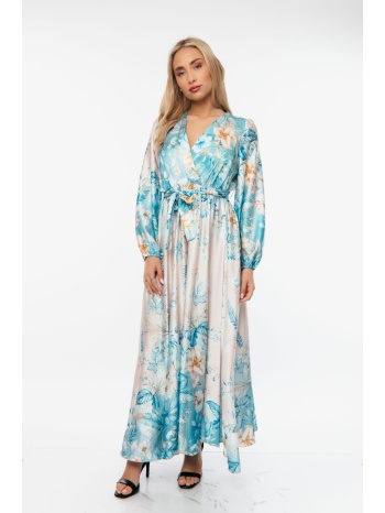 φορεμα μακρυ εμπριμε με ζωνη σιέλ σε προσφορά