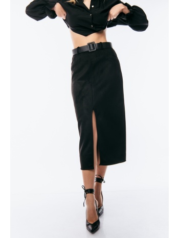 φουστα midi με ζωνη και ανοιγμα μαύρο σε προσφορά