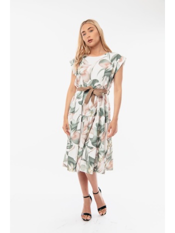 φορεμα midi εμπριμε με ζωνη χακί σε προσφορά