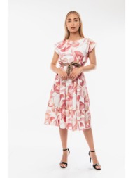 φορεμα midi εμπριμε με ζωνη ροζ