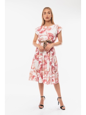 φορεμα midi εμπριμε με ζωνη ροζ σε προσφορά