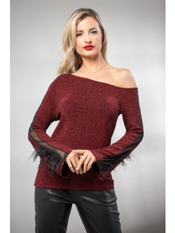 μπλουζα με εξω ωμο και διαφανεια στο μανικι μπορντό σε προσφορά