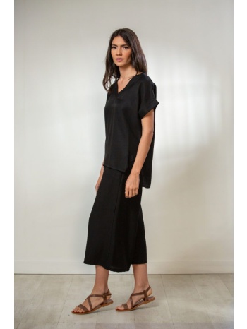 παντελονι καπρι λινο με λαστιχο και τσεπες μαύρο