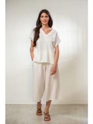 παντελονι καπρι λινο με λαστιχο και τσεπες άσπρο