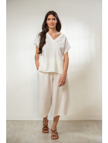 παντελονι καπρι λινο με λαστιχο και τσεπες άσπρο