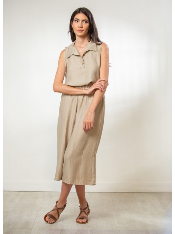 παντελονι καπρι λινο με λαστιχο και τσεπες μπεζ