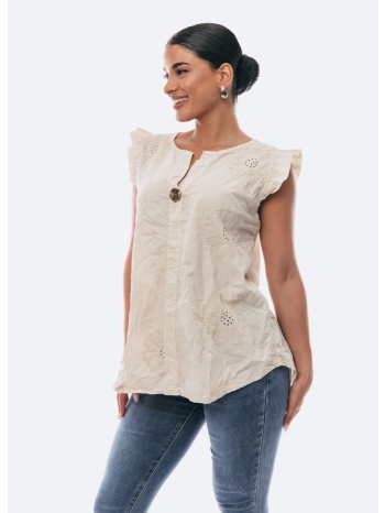 μπλουζα αμανικη με βολαν μπεζ σε προσφορά