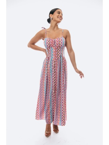 φορεμα μακρυ εμπριμε με τιραντες φούξια σε προσφορά