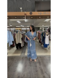 φορεμα τζιν με κεντητες λεπτομερειες μπλε