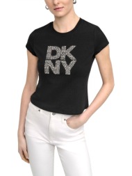 dkny t-shirt crew neck logo strass μαυρο