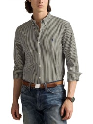 ralph lauren πουκαμισο ριγε button down custom fit stretch γκρι-λευκο