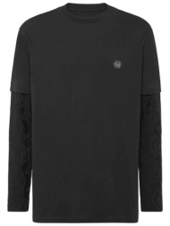philipp plein t-shirt round neck double sleeved longsleeve jacquard crest μαυρο