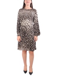 marella emme φορεμα delfi midi animal print crew neck πιετα ζωνη μπεζ-μαυρο