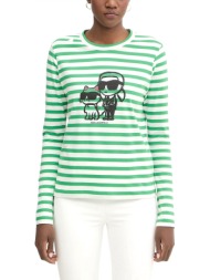 karl lagerfeld t-shirt regular fit ikon print stripe lslv top εκρου-πρασινο