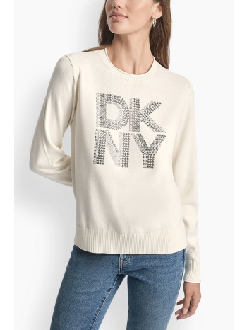 dkny πλεκτο crew neck logo στρας εκρου