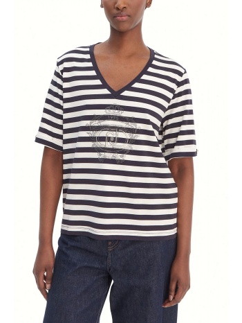 liu-jo better t-shirt v-neck ριγε logo στρας εκρου-μπλε